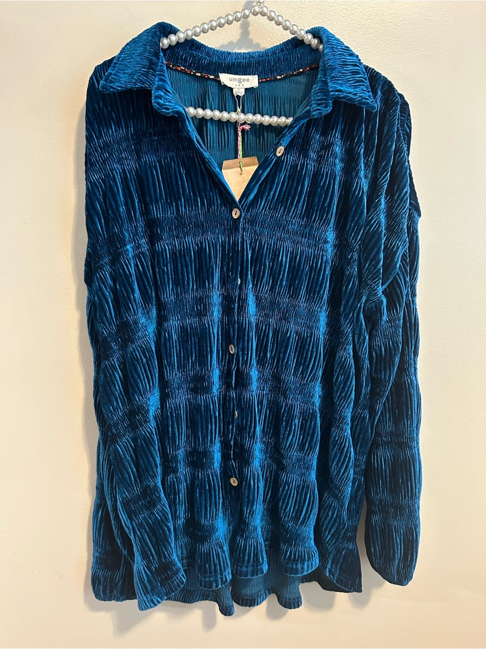 NEW Umgee Pleated Velvet Button Down Shirt Women L Teal Blue Smocked Blouse Top